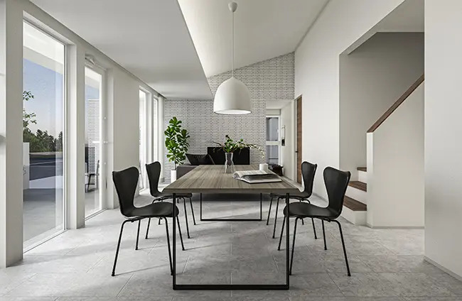 ベースの20坪を活かした、開放的で心地よいLDK。夫婦がお互いの気配を感じつつ、それぞれの時間を楽しめる空間です。