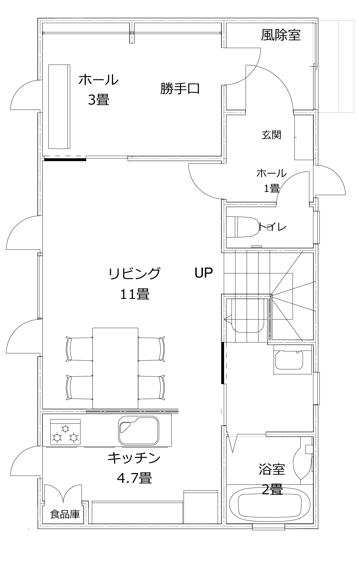 32坪｜吹き抜けと大型収納のある間取りプラン　パッシブ設計の家