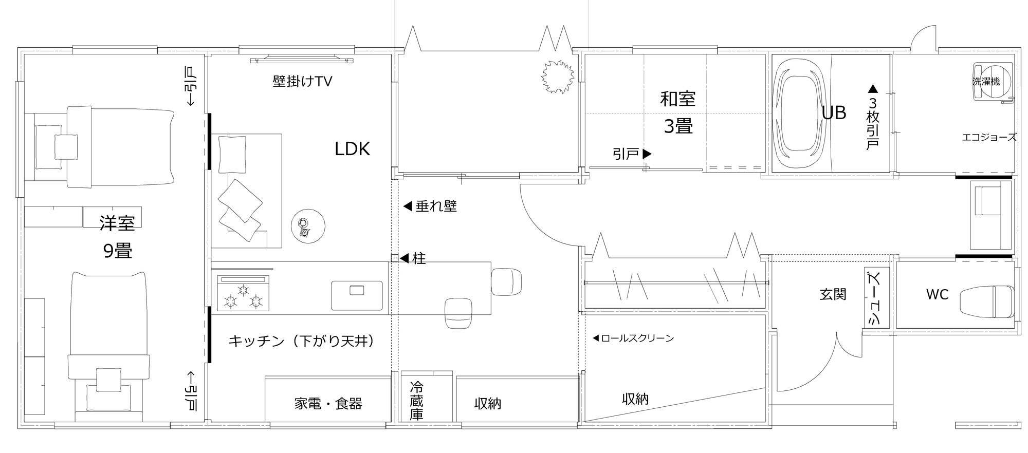 24坪｜2LDKゆったり廊下幅で将来の生活スタイルの変化にも対応できる平屋間取りプラン