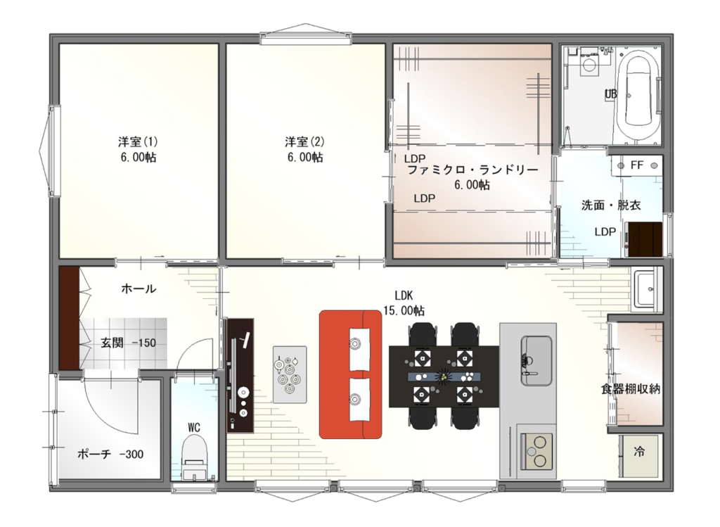22坪｜必要なものが全てそろう、究極の家事導線を持つ2LDK平屋間取りプラン