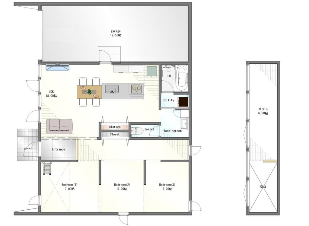 25坪｜将来も可変！インナーガレージとゆるやかにつながる3LDK平屋プラン